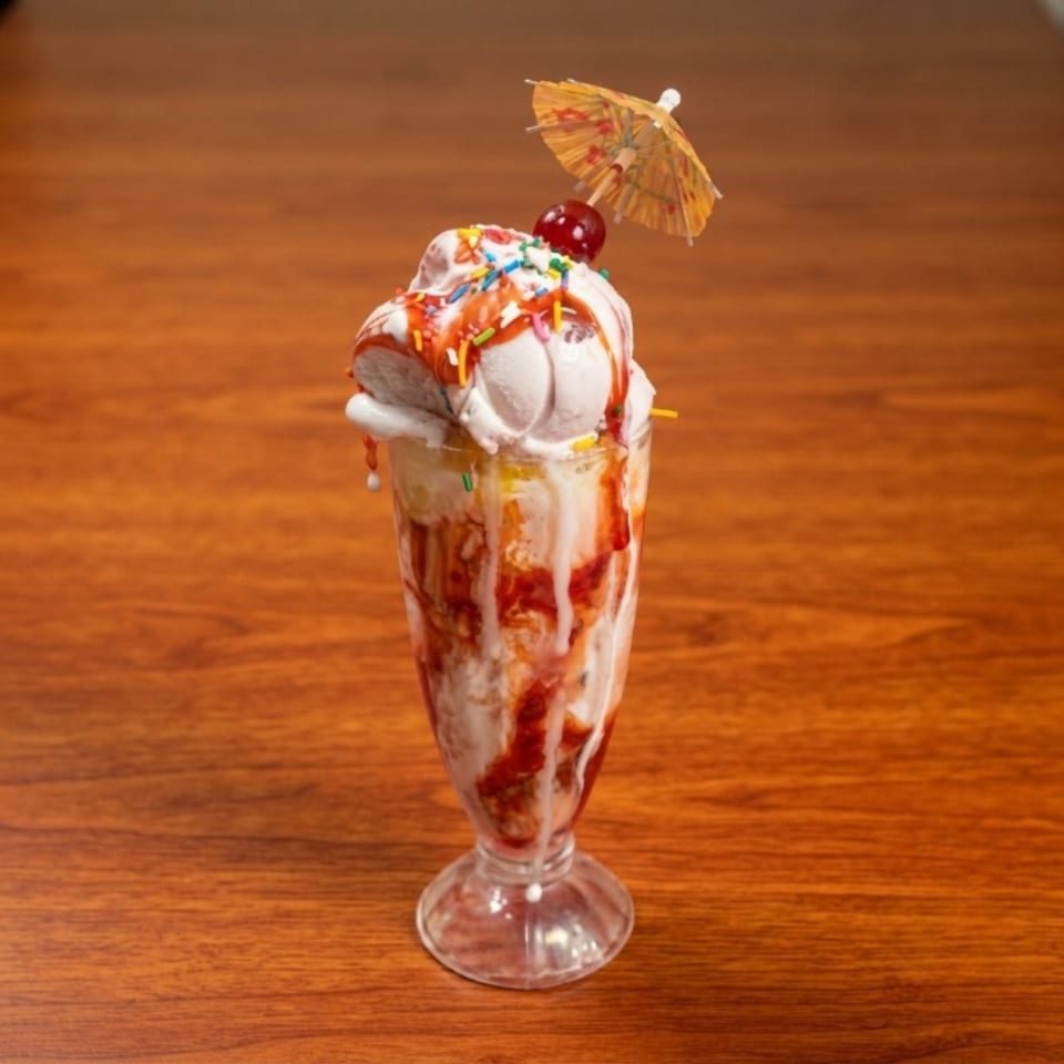 A tall glass of ice cream with strawberry syrup, sprinkles, a cherry, and a small umbrella.