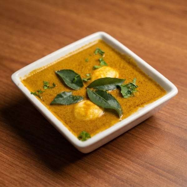 A square white bowl filled with yellow curry, garnished with green herbs and two egg halves.