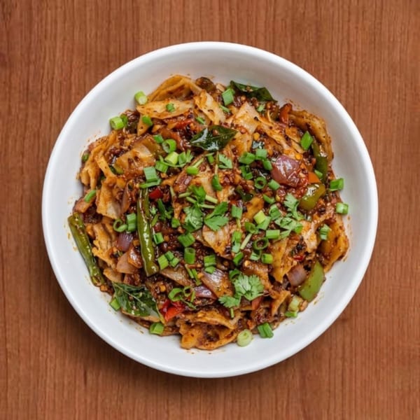 A white bowl filled with spicy flat noodles, green onions, and vegetables on a wooden table.
