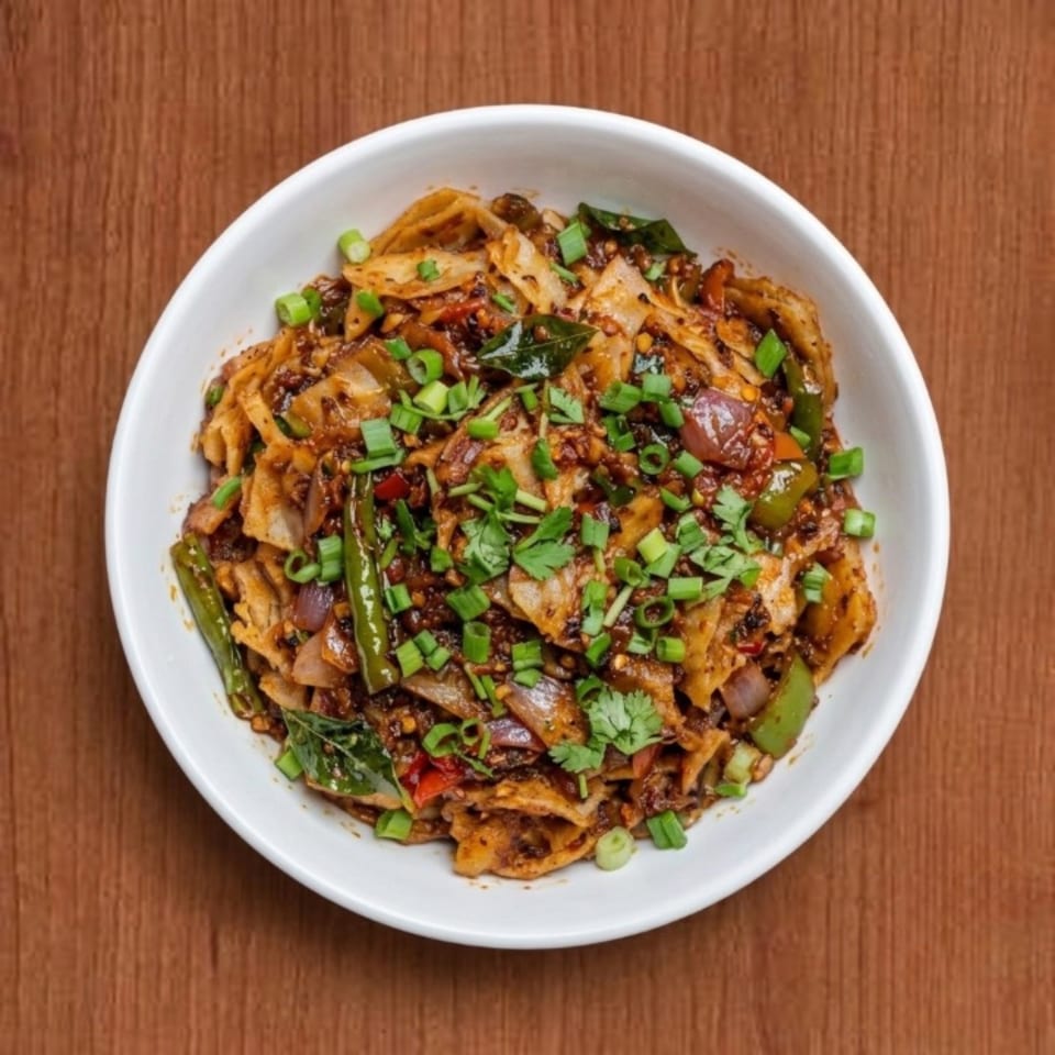 A white bowl filled with spicy flat noodles, green onions, and vegetables on a wooden table.