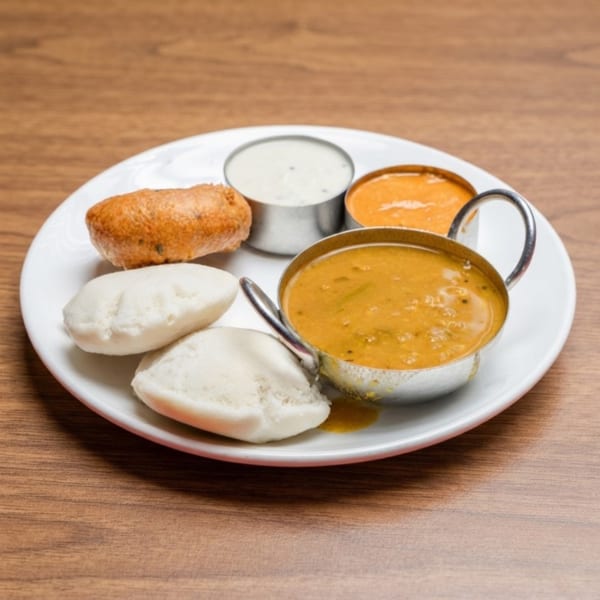 A white plate holds two idlis, one vada, and three metal bowls of chutneys and sambar.