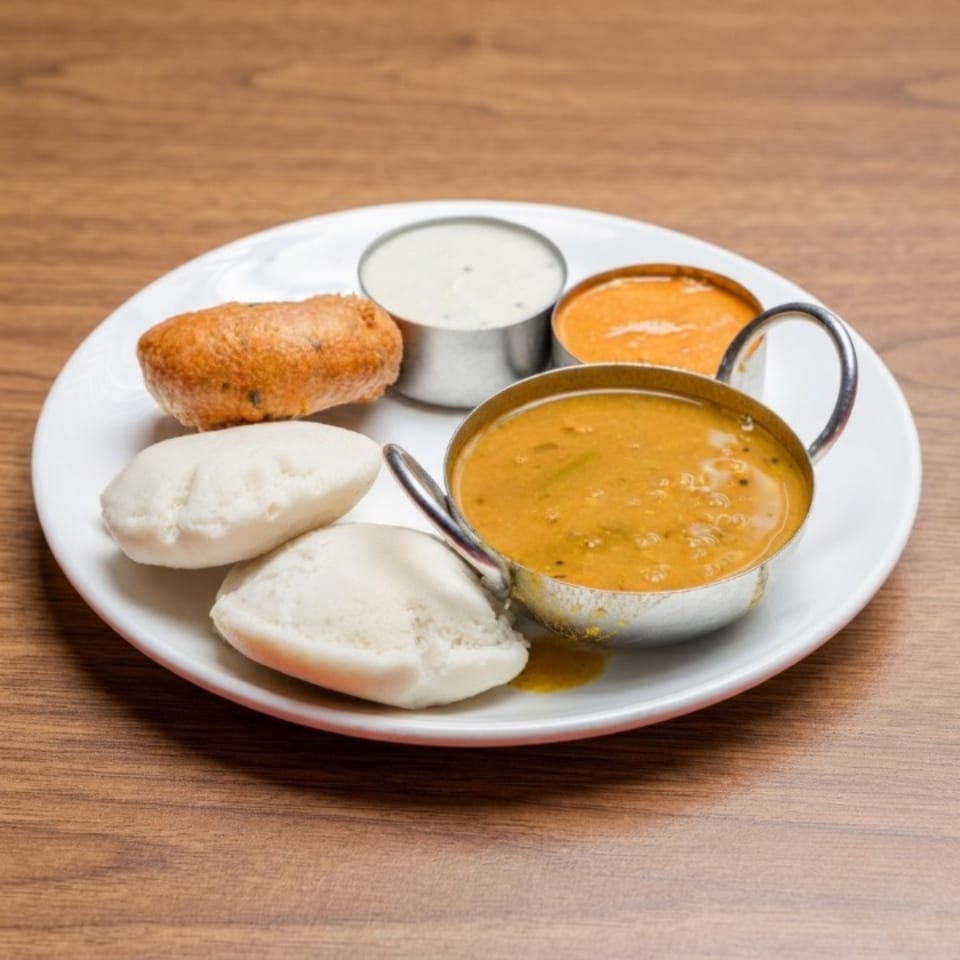 A white plate holds two idlis, one vada, and three metal bowls of chutneys and sambar.