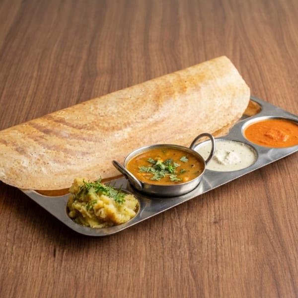 A golden-brown dosa with three chutneys and sambar on a metal tray, on a wooden table.