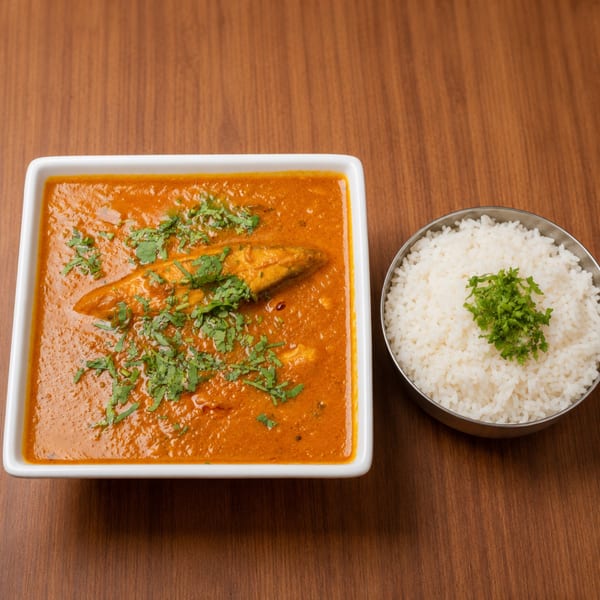 Fish curry in a white bowl with a side of white rice topped with cilantro on a wooden table.