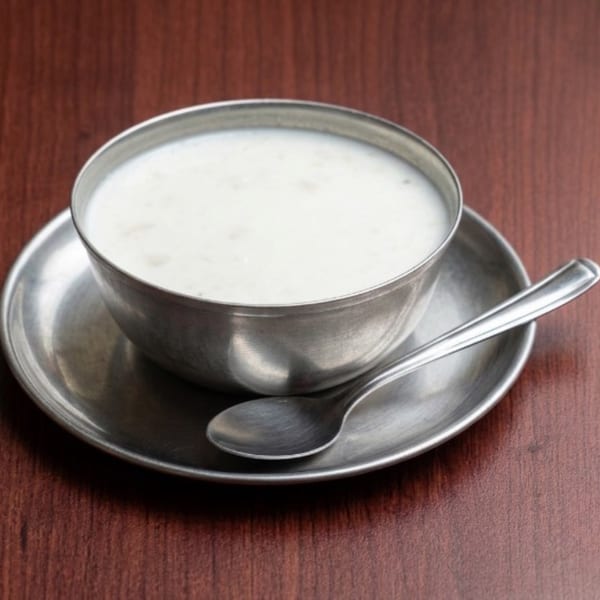 A metal bowl of white yogurt or curd, with a spoon on a matching metal saucer.